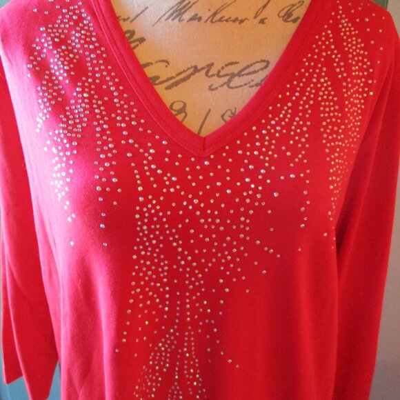 Unbranded Solid Red Sweater w/Rhinestone Embellishments Made in USA Sz. L - Picture 2 of 4